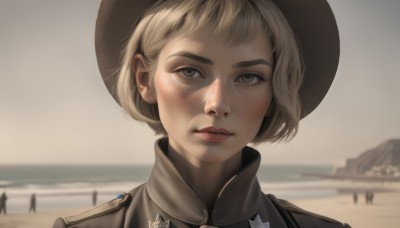 1girl,solo,looking at viewer,short hair,blonde hair,hat,brown eyes,closed mouth,outdoors,parted lips,day,blurry,uniform,lips,grey eyes,military,military uniform,blurry background,beach,portrait,freckles,realistic,nose,sand,brown headwear,cowboy hat,bangs,jacket,sky,solo focus,depth of field,thick eyebrows,grey sky