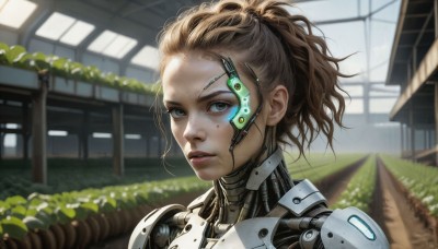 HQ,1girl,solo,looking at viewer,short hair,brown hair,green eyes,upper body,ponytail,flower,outdoors,parted lips,day,blurry,lips,depth of field,blurry background,grass,plant,building,portrait,forehead,freckles,science fiction,realistic,nose,cyborg,hair pulled back,long hair,blonde hair,brown eyes,artist name,eyelashes,messy hair,close-up,dog,android,cable