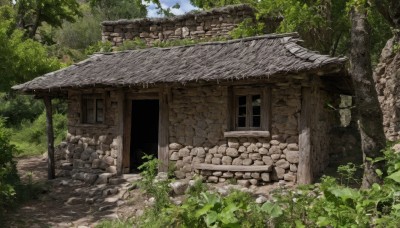 outdoors,sky,day,cloud,tree,no humans,window,traditional media,grass,plant,building,nature,scenery,forest,rock,stairs,door,bush,wall,architecture,ruins,house,east asian architecture,moss,stone,stone wall,blue sky,leaf