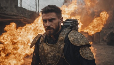 solo,looking at viewer,short hair,brown hair,black hair,1boy,jewelry,closed mouth,upper body,weapon,male focus,earrings,outdoors,solo focus,dark skin,armor,blurry,blurry background,facial hair,scar,shoulder armor,beard,scar on face,pauldrons,mustache,scar across eye,explosion,gold,brown eyes,dark-skinned male,smoke,serious,realistic