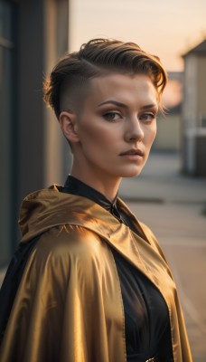 1girl,solo,looking at viewer,short hair,brown hair,shirt,black hair,brown eyes,closed mouth,jacket,upper body,outdoors,artist name,hood,blurry,lips,black shirt,depth of field,blurry background,hood down,freckles,realistic,nose,very short hair,animification,undercut,breasts,dress,parted lips,signature,from side,sunlight