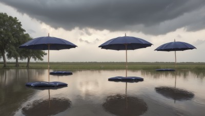 outdoors,sky,day,cloud,water,tree,no humans,umbrella,cloudy sky,grass,nature,scenery,reflection,rain,puddle,reflective water,lake