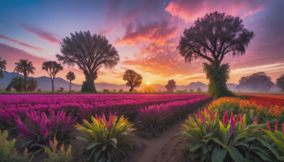 flower, outdoors, sky, cloud, tree, no humans, cloudy sky, grass, plant, nature, scenery, sunset, sun, field