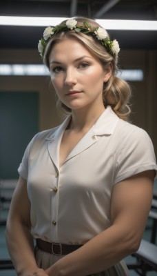 1girl,solo,long hair,breasts,looking at viewer,smile,skirt,blonde hair,brown hair,shirt,hair ornament,brown eyes,closed mouth,white shirt,upper body,flower,short sleeves,small breasts,parted lips,collared shirt,belt,indoors,hair flower,blurry,lips,buttons,blurry background,own hands together,grey skirt,freckles,realistic,nose,shirt tucked in,head wreath,ponytail,brown skirt,brown belt