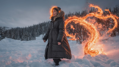 1girl, solo, looking at viewer, long sleeves, standing, boots, outdoors, sky, hood, tree, coat, fur trim, fire, nature, snow, forest, winter