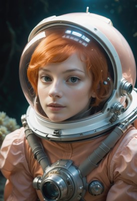 1girl,solo,looking at viewer,short hair,brown hair,closed mouth,green eyes,upper body,orange hair,blurry,lips,blurry background,helmet,freckles,realistic,nose,space,spacesuit,space helmet,astronaut,bangs,blue eyes,parted lips,eyelashes,portrait,reflection,science fiction