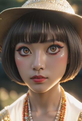 1girl,solo,looking at viewer,short hair,bangs,brown hair,black hair,hat,brown eyes,jewelry,collarbone,parted lips,shiny,blunt bangs,necklace,blurry,lips,eyelashes,makeup,depth of field,blurry background,bob cut,lipstick,portrait,close-up,eyeshadow,beads,sun hat,realistic,nose,brown headwear,straw hat,red lips,eyeliner,bead necklace,bokeh,pearl necklace,mascara,blush