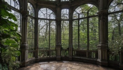 outdoors,day,indoors,tree,dutch angle,no humans,window,leaf,sunlight,plant,nature,scenery,forest,bush,pillar,arch,column,fantasy,architecture,ruins