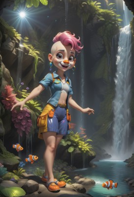 1girl,solo,breasts,looking at viewer,smile,short hair,open mouth,shirt,navel,brown eyes,jewelry,standing,jacket,full body,pink hair,short sleeves,:d,earrings,small breasts,outdoors,open clothes,shoes,shorts,teeth,midriff,belt,artist name,dark skin,water,bag,open jacket,makeup,leaf,upper teeth only,blush stickers,sunlight,thick eyebrows,blue shirt,lipstick,blue jacket,fish,walking,blue shorts,pouch,light rays,rock,brown belt,facepaint,very short hair,sunbeam,waterfall,flower,orange eyes,facial mark,sandals,freckles,coral,clownfish