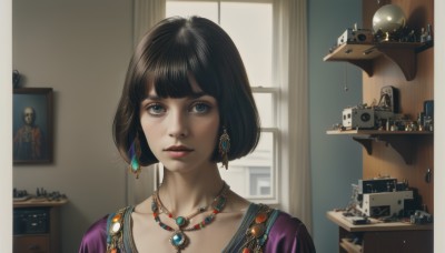 1girl,solo,looking at viewer,short hair,bangs,blue eyes,brown hair,black hair,dress,jewelry,collarbone,upper body,earrings,parted lips,day,indoors,blunt bangs,necklace,lips,window,makeup,sunlight,bob cut,lipstick,gem,portrait,purple dress,realistic,nose,red lips,dice,eyelashes,robot,science fiction