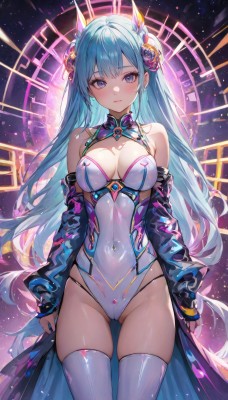 1girl,solo,long hair,breasts,looking at viewer,blush,bangs,blue eyes,hair ornament,thighhighs,long sleeves,cleavage,bare shoulders,jewelry,medium breasts,very long hair,closed mouth,blue hair,standing,purple eyes,flower,thighs,cowboy shot,earrings,detached sleeves,hair flower,white thighhighs,leotard,groin,clothing cutout,covered navel,skindentation,cameltoe,headgear,highleg,ass visible through thighs,thigh gap,cleavage cutout,skin tight,highleg leotard,white leotard,partially visible vulva,large breasts,jacket,off shoulder,nail polish,blue nails