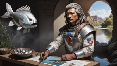 solo,long hair,1boy,holding,white hair,grey hair,male focus,one eye closed,sky,day,water,armor,tree,facial hair,table,beard,fish,rock,paper,realistic,mustache,manly,paintbrush,old,badge,sitting,food,chopsticks,pen,flag print,lake,american flag