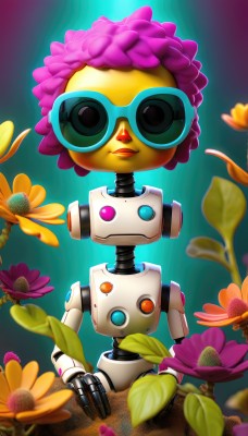 solo,looking at viewer,standing,pink hair,purple hair,flower,artist name,no humans,leaf,blue background,robot,goggles,mecha,yellow flower,purple flower,humanoid robot,non-humanoid robot,1girl,open mouth,blue eyes,upper body,parted lips,blurry,:o,orange eyes,heterochromia,sunglasses,pink flower,joints