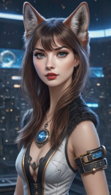 1girl,solo,long hair,breasts,looking at viewer,bangs,blue eyes,brown hair,animal ears,cleavage,bare shoulders,jewelry,medium breasts,closed mouth,upper body,earrings,sleeveless,cat ears,necklace,bra,blurry,lips,animal ear fluff,fur trim,fox ears,eyelashes,makeup,blurry background,lipstick,gem,armlet,pendant,freckles,nose,red lips,small breasts,parted lips,artist name,wolf ears,armband,fur collar,city,realistic