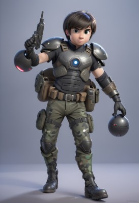 1girl,solo,looking at viewer,short hair,blue eyes,brown hair,black hair,gloves,1boy,holding,green eyes,full body,weapon,male focus,boots,belt,holding weapon,armor,uniform,gun,military,military uniform,heterochromia,helmet,holding gun,handgun,headwear removed,pouch,holster,knee pads,shoulder pads,camouflage,elbow pads,helmet removed,bulletproof vest,smile,shoulder armor,science fiction