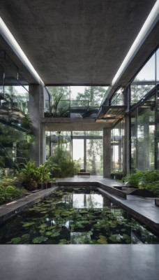 outdoors,day,indoors,water,tree,no humans,window,sunlight,plant,nature,scenery,reflection,potted plant,ruins,lily pad,moss,overgrown