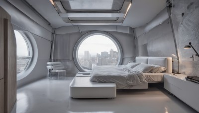 sky,indoors,pillow,book,no humans,window,bed,chair,table,building,scenery,couch,reflection,city,blanket,lamp,cityscape,skyscraper,sink,skyline,bathtub,reflective floor