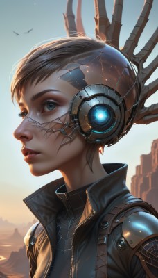 1girl,solo,short hair,blue eyes,jacket,upper body,outdoors,parted lips,sky,artist name,signature,from side,lips,eyelashes,bodysuit,profile,makeup,headgear,bird,headphones,scar,portrait,zipper,science fiction,high collar,realistic,nose,cyborg,mascara,cyberpunk,black hair,jewelry,earrings,day,open jacket,glowing,lipstick,eyeshadow,backlighting,brown jacket,eyeliner,very short hair,sunrise