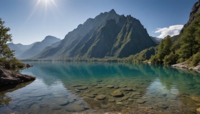 outdoors,sky,day,cloud,water,tree,blue sky,no humans,sunlight,nature,scenery,forest,reflection,rock,mountain,sun,river,landscape,mountainous horizon,lake,shore