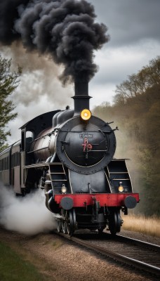 outdoors,sky,day,cloud,tree,military,no humans,grass,ground vehicle,nature,motor vehicle,forest,smoke,military vehicle,tank,vehicle focus,train,caterpillar tracks,railroad tracks,multiple boys,cloudy sky