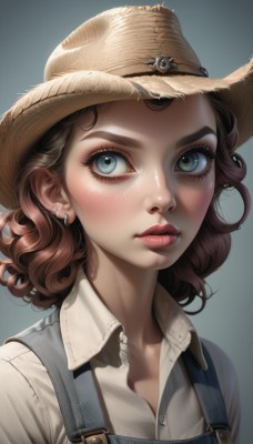 1girl,solo,looking at viewer,short hair,blue eyes,simple background,brown hair,shirt,hat,jewelry,white shirt,upper body,earrings,parted lips,collared shirt,medium hair,lips,eyelashes,makeup,buttons,blue background,wavy hair,portrait,freckles,curly hair,realistic,nose,brown headwear,straw hat,stud earrings,overalls,blush,closed mouth,gradient,gradient background,mascara