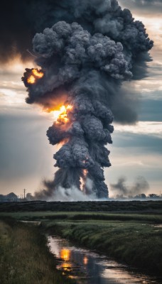 outdoors,sky,cloud,water,no humans,cloudy sky,grass,fire,building,scenery,smoke,reflection,monster,explosion,power lines,river,burning