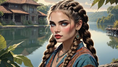 1girl,solo,long hair,looking at viewer,blue eyes,brown hair,jewelry,closed mouth,upper body,braid,earrings,outdoors,sky,day,cloud,water,necklace,twin braids,tree,lips,eyelashes,makeup,leaf,sunlight,thick eyebrows,plant,lipstick,building,portrait,scenery,forehead,freckles,reflection,mountain,realistic,nose,red lips,architecture,house,river,lake,mascara,traditional clothes,multiple braids,blush,black hair,parted lips,artist name,signature,gem,hair over shoulder,eyeshadow,pink lips,crown braid,bead necklace,pearl necklace