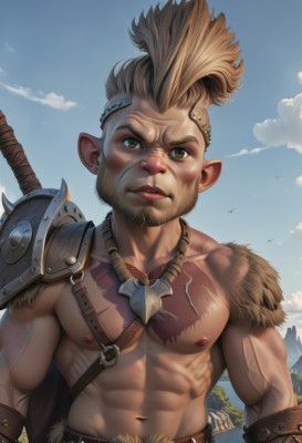 solo,looking at viewer,short hair,blonde hair,brown hair,1boy,navel,brown eyes,jewelry,closed mouth,nipples,upper body,weapon,male focus,outdoors,sky,day,pointy ears,belt,sword,artist name,cloud,necklace,stomach,armor,blue sky,lips,tattoo,muscular,facial hair,bird,scar,abs,pectorals,muscular male,shoulder armor,gauntlets,bara,beard,scar on face,large pectorals,pauldrons,topless male,realistic,goatee,leather,bare pectorals,shoulder pads,harness,weapon on back,navel hair,mohawk,single pauldron,cape,veins,mountain,nose,manly,chest hair