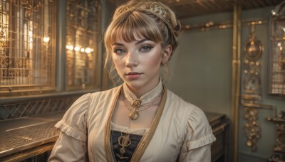 1girl,solo,looking at viewer,short hair,bangs,blonde hair,brown hair,dress,brown eyes,jewelry,upper body,parted lips,choker,indoors,necklace,hair bun,blurry,lips,grey eyes,freckles,realistic,steampunk,breasts,blue eyes,closed mouth,white dress,window,tiara,gem