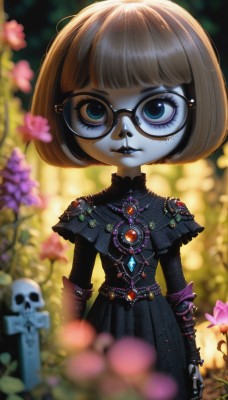 1girl,solo,looking at viewer,short hair,bangs,blue eyes,brown hair,gloves,long sleeves,dress,jewelry,closed mouth,standing,flower,outdoors,parted lips,glasses,artist name,blunt bangs,necklace,blurry,black dress,eyelashes,makeup,capelet,depth of field,blurry background,colored skin,bob cut,cross,lipstick,brooch,gauntlets,gem,child,eyeshadow,black-framed eyewear,skull,round eyewear,female child,mascara,black lips,mole,lips,freckles