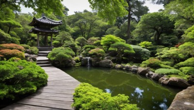 outdoors,day,water,tree,no humans,sunlight,grass,nature,scenery,forest,rock,stairs,road,bush,architecture,bridge,east asian architecture,river,shrine,path,pond,stone lantern,sky,traditional media