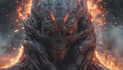 solo, looking at viewer, red eyes, 1boy, teeth, no humans, glowing, fire, glowing eyes, monster, scales