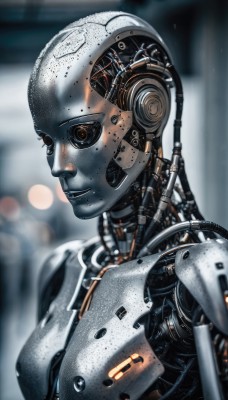 1girl,solo,breasts,looking at viewer,medium breasts,upper body,blurry,lips,depth of field,blurry background,colored skin,robot,science fiction,realistic,android,joints,cable,cyborg,robot joints,cyberpunk,humanoid robot,parted lips,armor,from side,portrait,close-up,machinery,mechanical parts