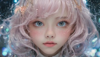 1girl,solo,looking at viewer,short hair,bangs,blue eyes,hair ornament,closed mouth,pink hair,white hair,blurry,lips,eyelashes,depth of field,portrait,light particles,close-up,freckles,realistic,nose,bokeh,eye focus,grey eyes,expressionless,straight-on