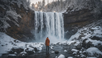 solo, 1boy, standing, male focus, outdoors, pants, hood, water, from behind, tree, nature, scenery, snow, forest, rock, wide shot, winter, waterfall