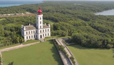 outdoors,sky,day,water,tree,no humans,grass,building,nature,scenery,forest,mountain,road,bush,house,bridge,river,castle,tower,landscape,path,hat,cloud,blue sky,ocean,field,lighthouse