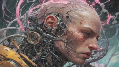 1girl,solo,looking at viewer,short hair,blue eyes,1boy,closed mouth,white hair,from side,lips,profile,scar,robot,portrait,scar on face,close-up,science fiction,veins,realistic,nose,android,cable,bald,old,cyborg,cyberpunk,mechanical parts,wire,male focus,damaged,gears