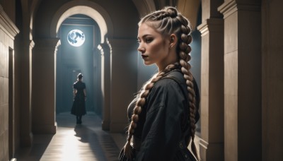 1girl,long hair,brown hair,black hair,long sleeves,1boy,dress,jewelry,standing,braid,multicolored hair,indoors,black dress,twin braids,from side,two-tone hair,lips,shadow,robe,realistic,nose,pillar,statue,hallway,arch,column,multiple braids,looking at viewer,blonde hair,earrings,coat,moon,planet