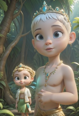 looking at viewer,smile,short hair,blue eyes,blonde hair,1boy,navel,jewelry,nipples,standing,white hair,male focus,earrings,outdoors,parted lips,multiple boys,day,2boys,necklace,black eyes,tree,tiara,crown,child,nature,forest,freckles,topless male,male child,siblings