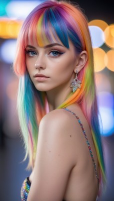 1girl,solo,long hair,breasts,looking at viewer,bangs,blue eyes,blonde hair,dress,bare shoulders,jewelry,medium breasts,closed mouth,underwear,blue hair,upper body,pink hair,multicolored hair,earrings,small breasts,artist name,blunt bangs,bra,mole,blurry,from side,two-tone hair,lips,looking to the side,eyelashes,gradient hair,makeup,depth of field,blurry background,watermark,web address,eyeshadow,freckles,realistic,nose,bokeh,mascara,rainbow hair,green hair,necklace,streaked hair,strapless