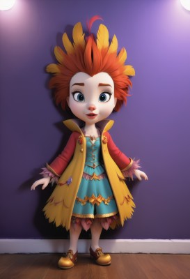 1girl,solo,breasts,looking at viewer,smile,short hair,blue eyes,long sleeves,dress,cleavage,standing,full body,red hair,parted lips,shoes,orange hair,lips,coat,makeup,blue dress,brown footwear,feathers,lipstick,spotlight,skirt,hair ornament,chibi,eyelashes,shadow,freckles,feather hair ornament