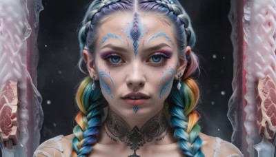 1girl,solo,long hair,looking at viewer,blue eyes,blonde hair,jewelry,blue hair,collarbone,braid,multicolored hair,earrings,parted lips,teeth,choker,twin braids,two-tone hair,lips,aqua hair,tattoo,makeup,facial mark,piercing,lipstick,gem,portrait,eyeshadow,freckles,realistic,nose,mascara,neck tattoo,multiple braids,orange hair,eyelashes,black background,tentacles,close-up,facial tattoo,nose piercing,lip piercing