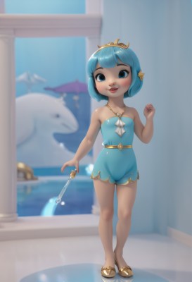 1girl,solo,looking at viewer,blush,smile,short hair,open mouth,bangs,blue eyes,holding,bare shoulders,jewelry,blue hair,standing,collarbone,swimsuit,full body,teeth,day,tongue,indoors,hand up,blunt bangs,water,necklace,blurry,flat chest,lips,one-piece swimsuit,bare arms,bare legs,strapless,depth of field,blurry background,umbrella,brown footwear,sandals,tiara,crown,gem,child,blue one-piece swimsuit,wand,female child,casual one-piece swimsuit,holding wand,dolphin,dress,pokemon (creature)