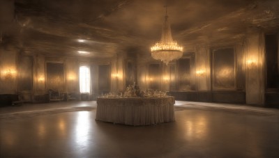 HQ,indoors,water,no humans,window,sunlight,scenery,reflection,light rays,stairs,door,light,pillar,hallway,church,arch,chandelier,chair,table,building,fantasy,candle