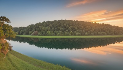 outdoors,sky,cloud,water,tree,no humans,grass,plant,nature,scenery,forest,reflection,sunset,river,landscape,1girl,horizon,field