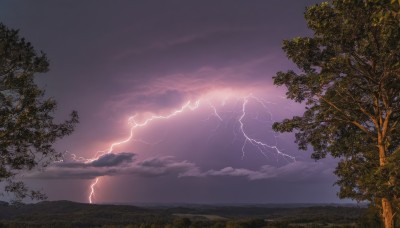 outdoors,sky,cloud,tree,no humans,cloudy sky,grass,nature,scenery,electricity,lightning,landscape,purple sky,water,night,ocean,sunset,horizon