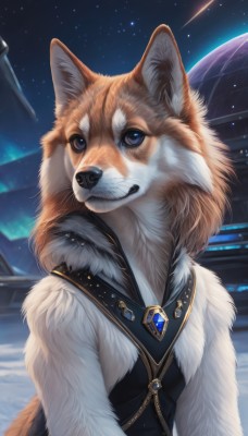 solo,looking at viewer,blue eyes,jewelry,tail,upper body,outdoors,sky,no humans,night,animal,brooch,gem,star (sky),night sky,starry sky,dog,space,animal focus,planet,1girl,teeth,necklace,furry,pendant,realistic,white fur,shooting star