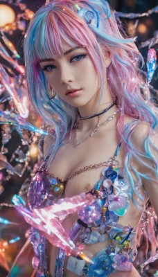 1girl,solo,long hair,breasts,looking at viewer,bangs,blue eyes,hair ornament,navel,cleavage,jewelry,medium breasts,closed mouth,underwear,nipples,blue hair,collarbone,upper body,pink hair,multicolored hair,earrings,small breasts,choker,signature,necklace,bra,blurry,two-tone hair,lips,eyelashes,makeup,blurry background,gem,crystal,realistic,nose,one breast out,bare shoulders,flower,parted lips,artist name,blunt bangs,wavy hair,nipple slip