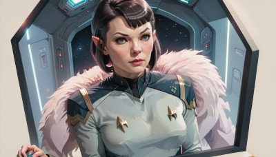 1girl,solo,breasts,looking at viewer,short hair,bangs,blue eyes,brown hair,black hair,medium breasts,upper body,pointy ears,covered nipples,lips,fur trim,bodysuit,makeup,lipstick,freckles,science fiction,realistic,nose,red lips,space,cockpit,uniform,military,military uniform