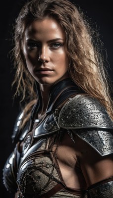 1girl,solo,long hair,breasts,looking at viewer,blonde hair,simple background,brown eyes,closed mouth,upper body,armor,from side,lips,grey eyes,sideboob,muscular,black background,shoulder armor,pauldrons,breastplate,realistic,nose,brown hair